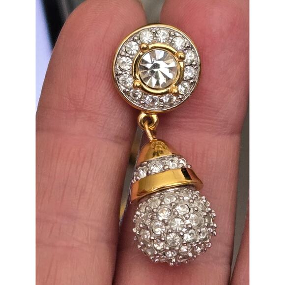 Vintage Signed Swarovski Gold Tone Earrings Dangle Pave Crystal Balls Clip On - Picture 5 of 8